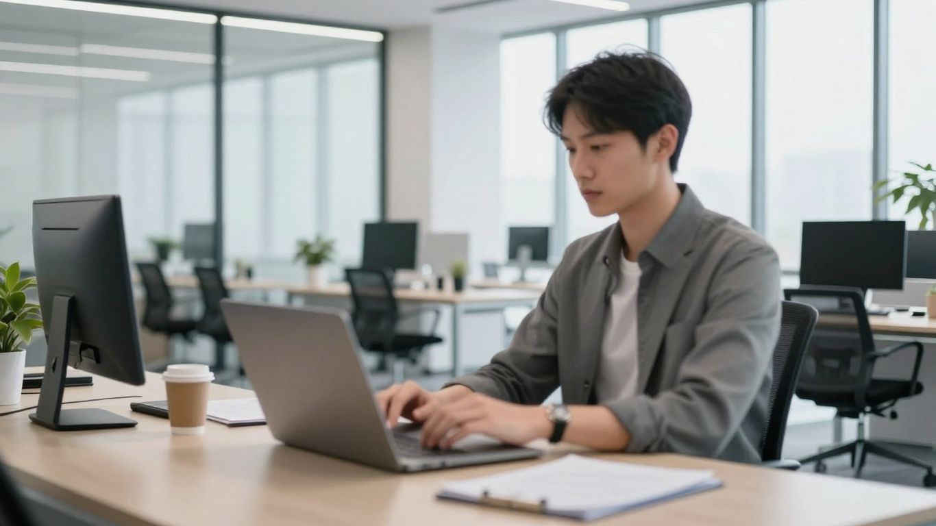 Modern office space with a person working at a desk.