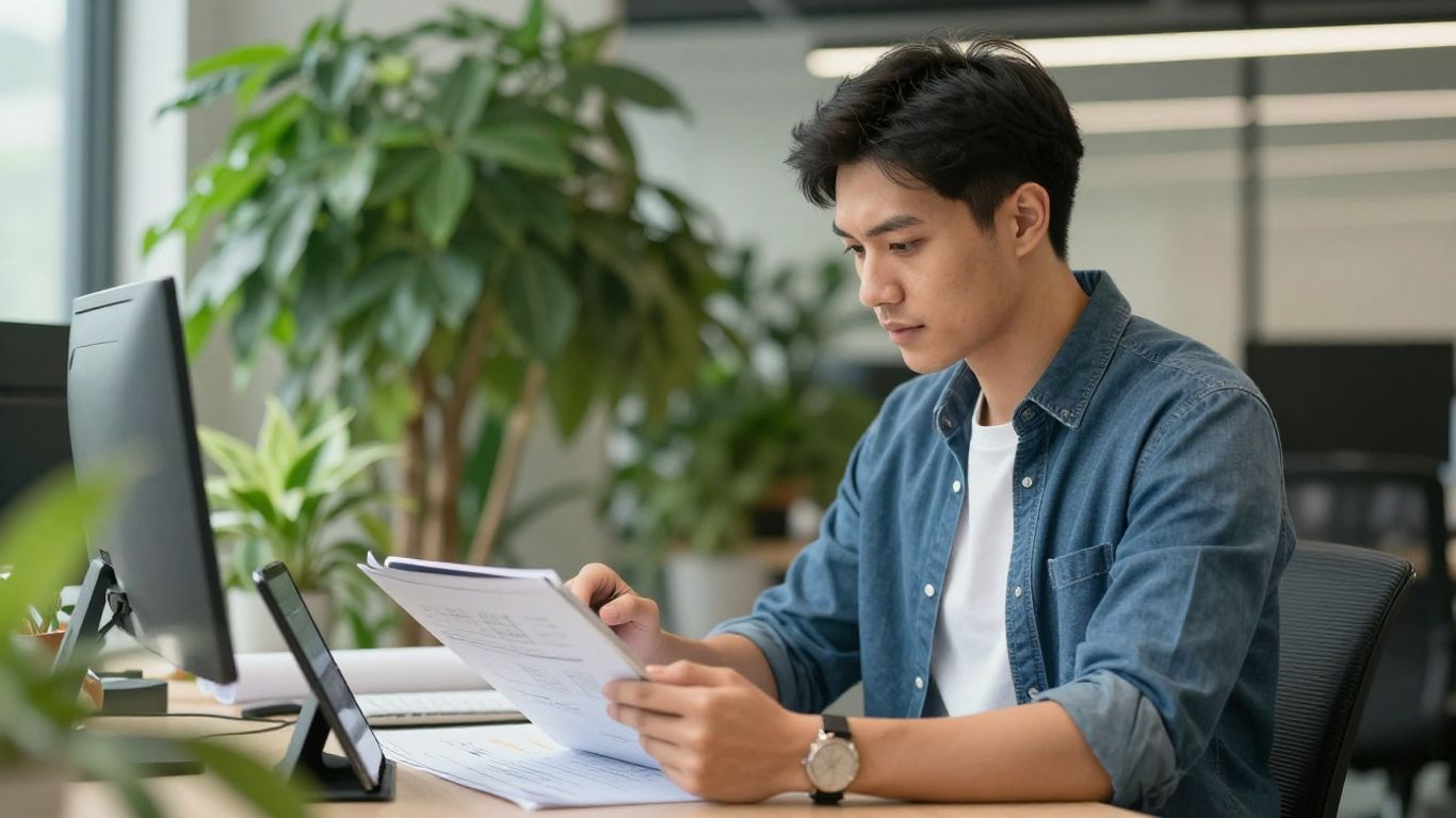 Professional reviewing sustainability data in a green office.