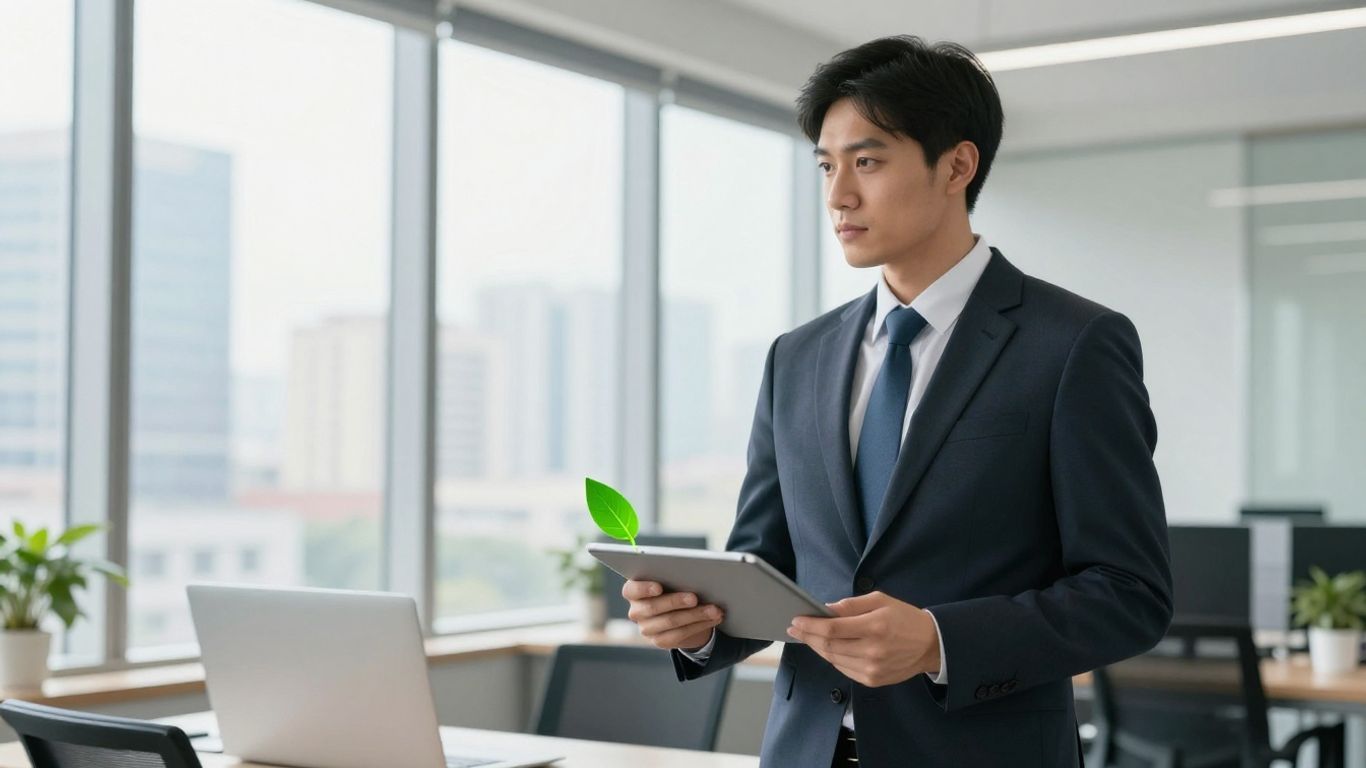 Compliance specialist in office with sustainability icon.