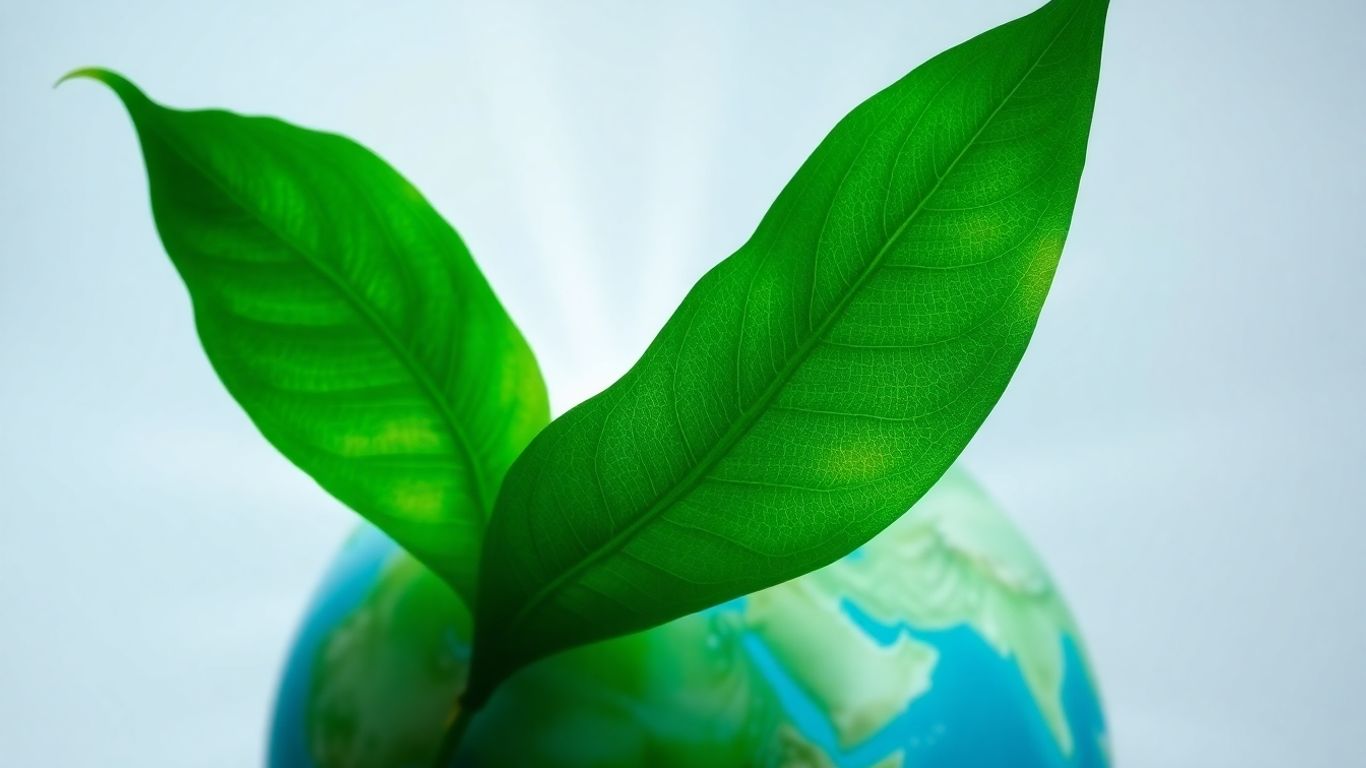 Green leaf growing from a glowing globe.