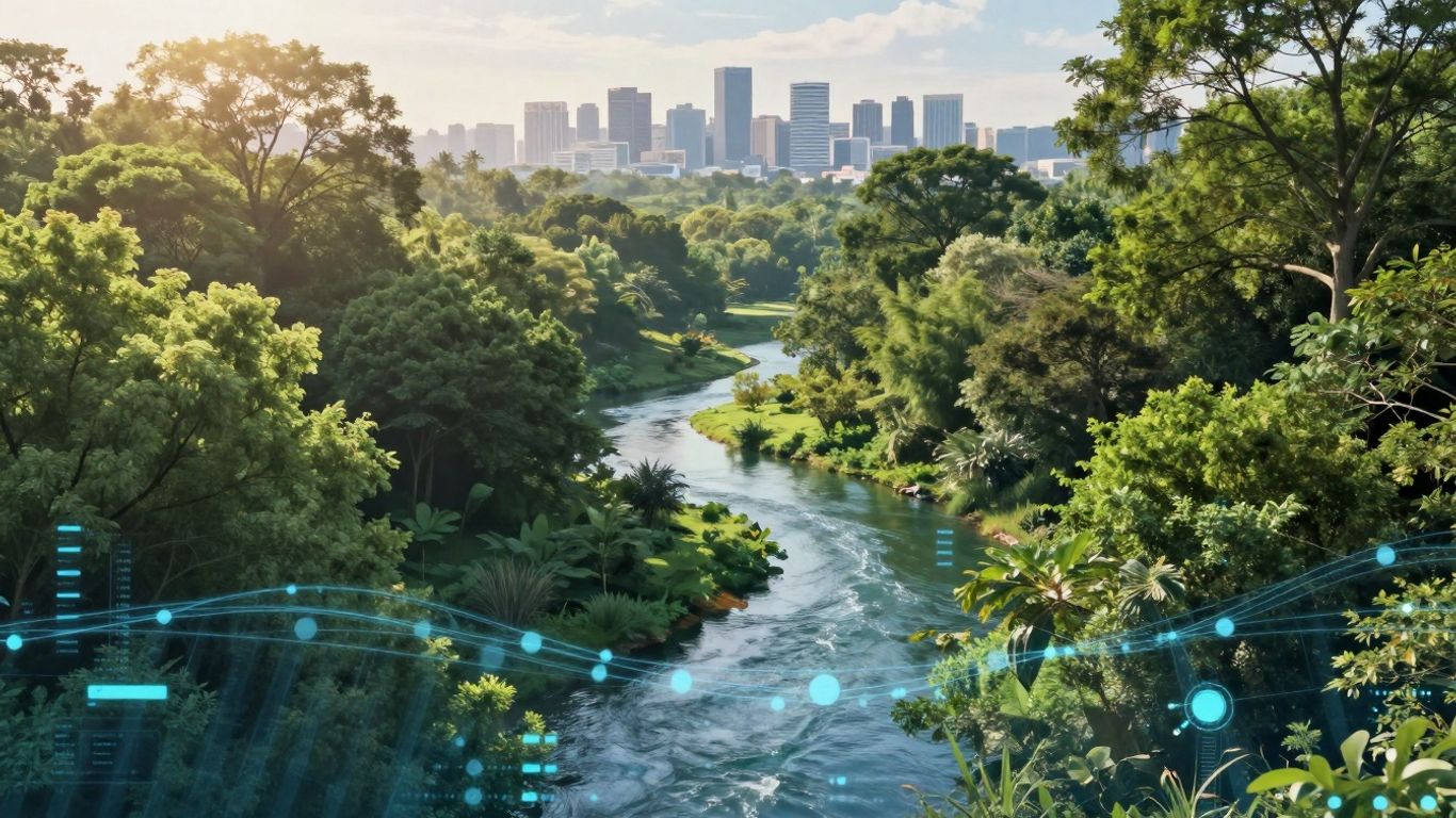 Green landscape with data streams and clean city skyline.