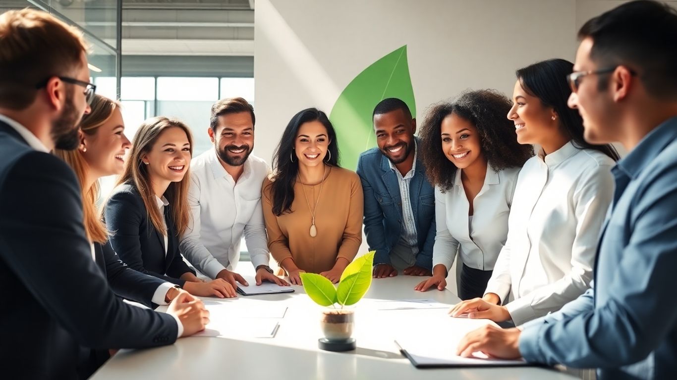 Professionals discussing ESG principles in a modern office.