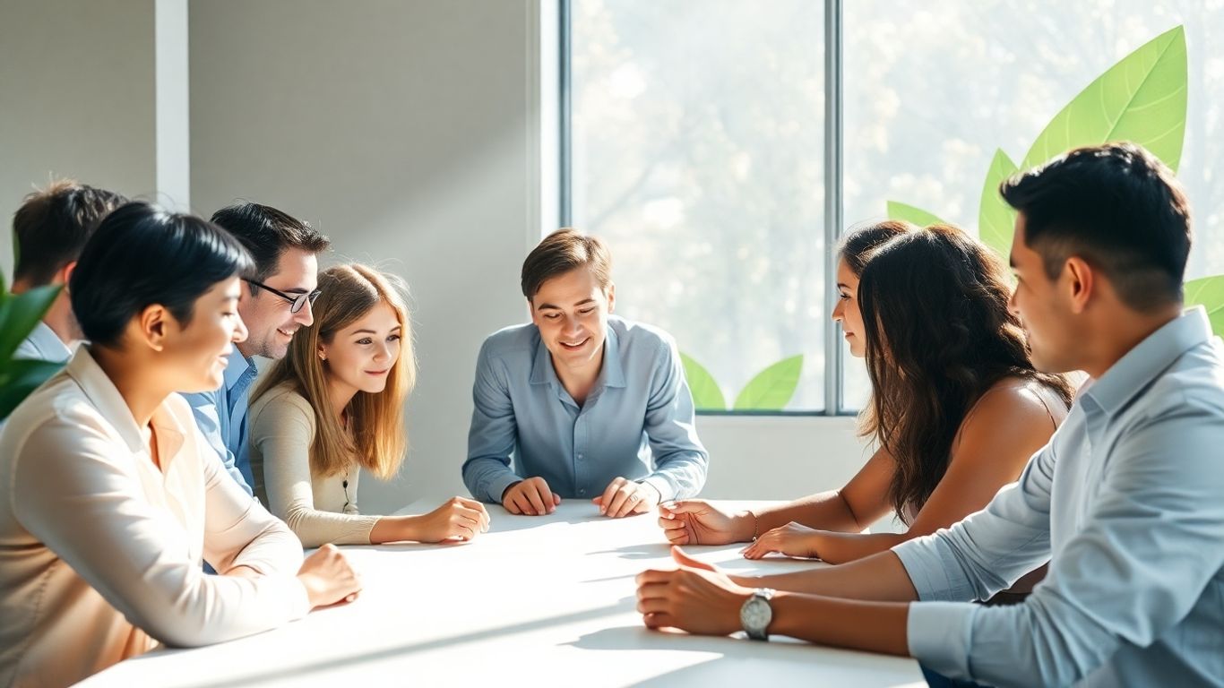 Professionals discussing ESG principles in a bright, modern office.