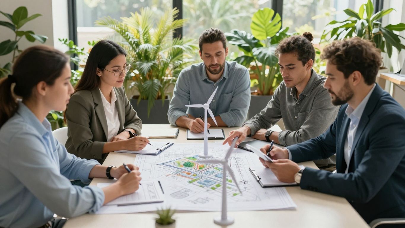 Professionals planning a sustainable future with green initiatives.