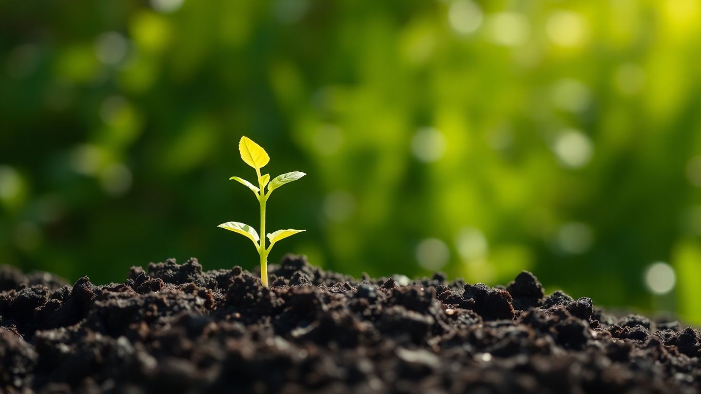 Green seedling growing from soil towards the sky.