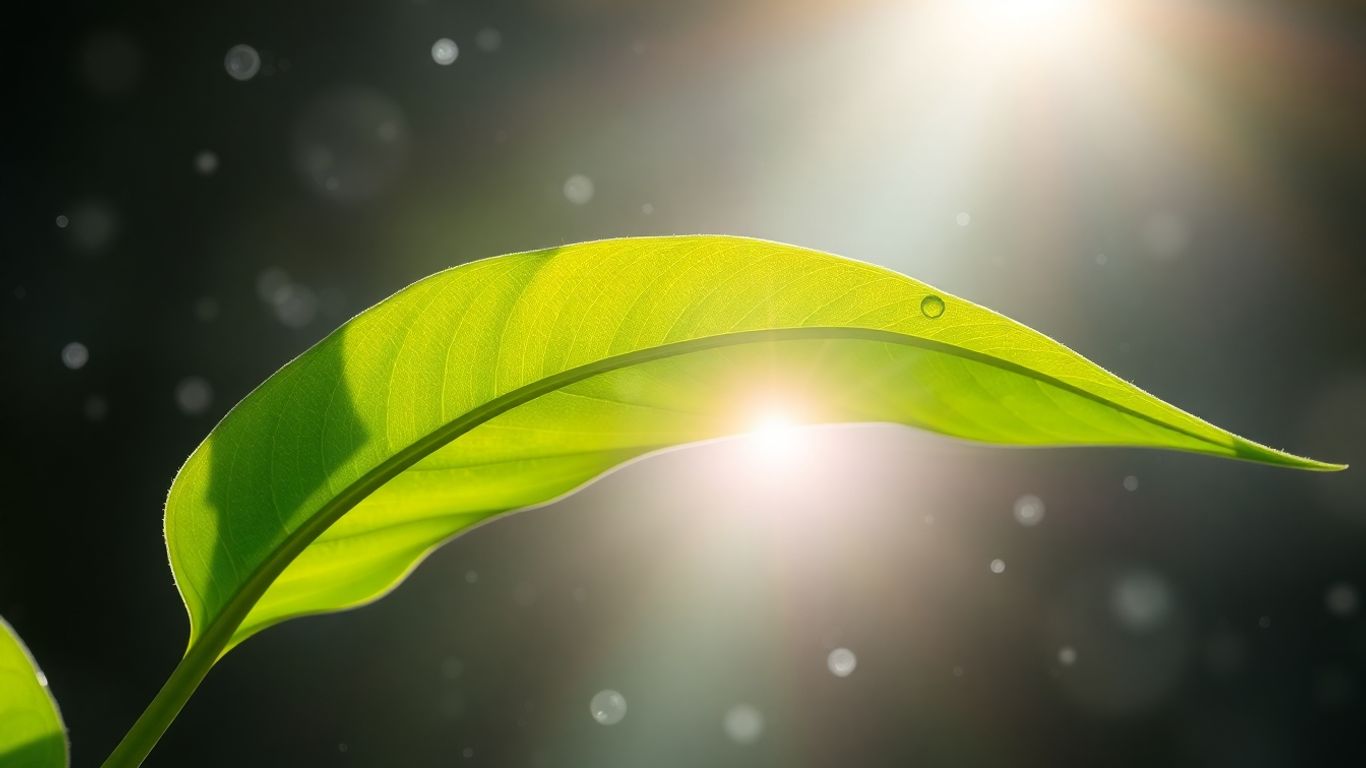 Green leaf with sunlight and atmospheric particles.