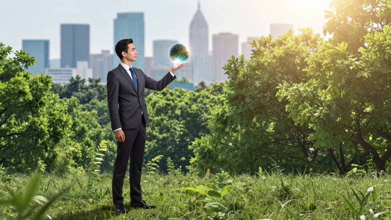 Business professional in forest with glowing carbon orb.