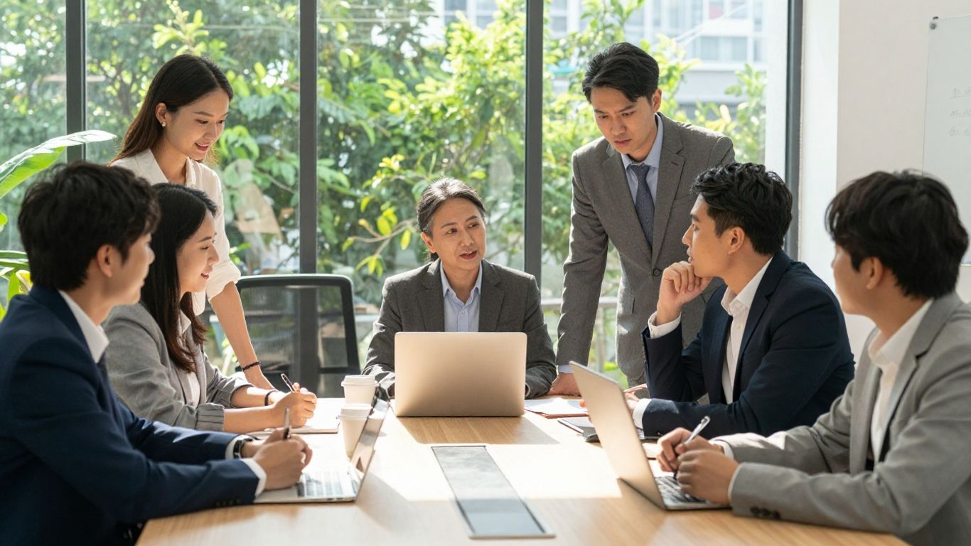 Business professionals collaborating on sustainable strategy