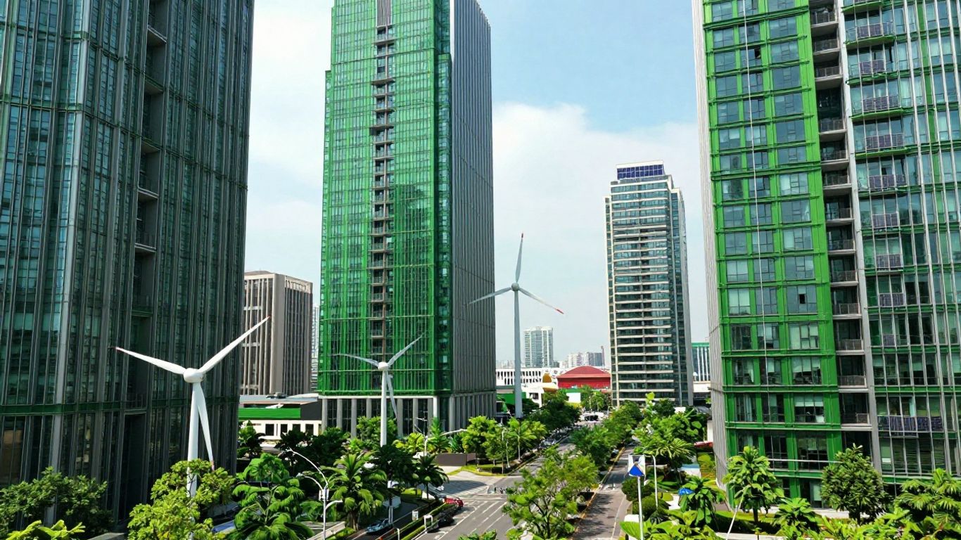 Sustainable cityscape with green buildings and clean energy.