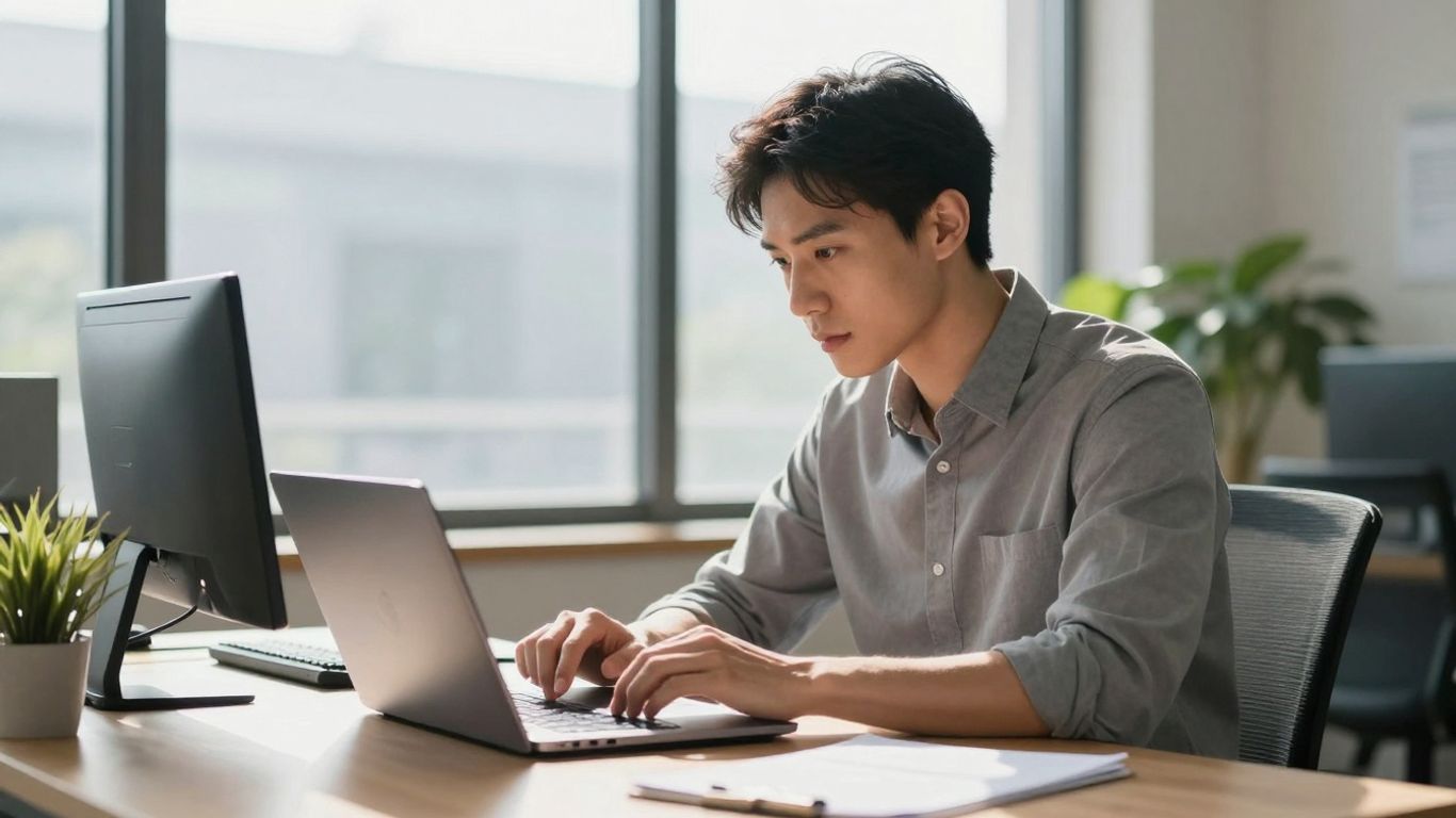 Professional reviewing environmental data on a laptop.
