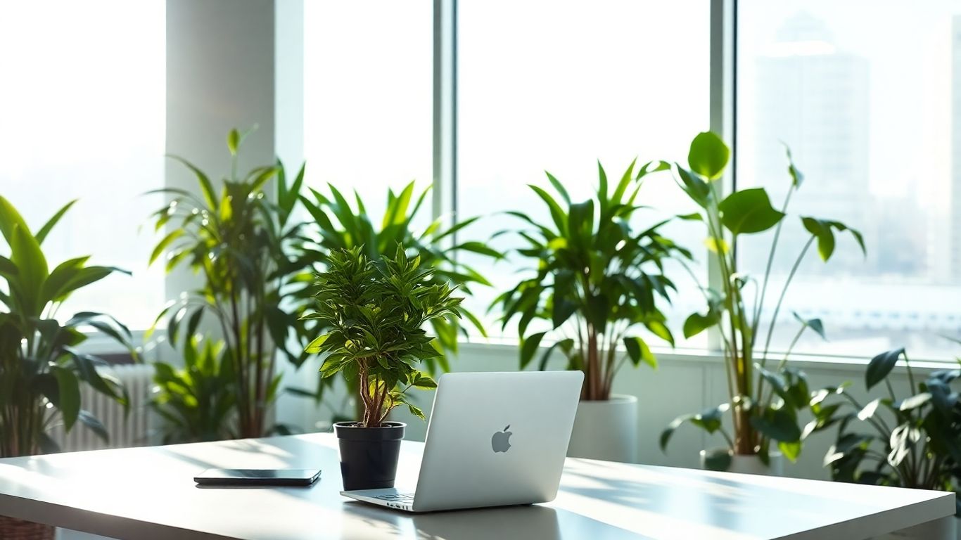 Green plants in a modern office with sunlight.