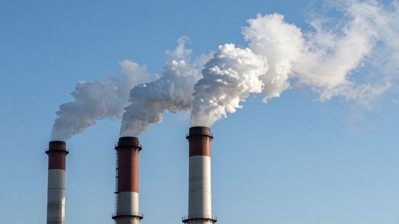 Factory smokestack emitting greenhouse gases into the sky.