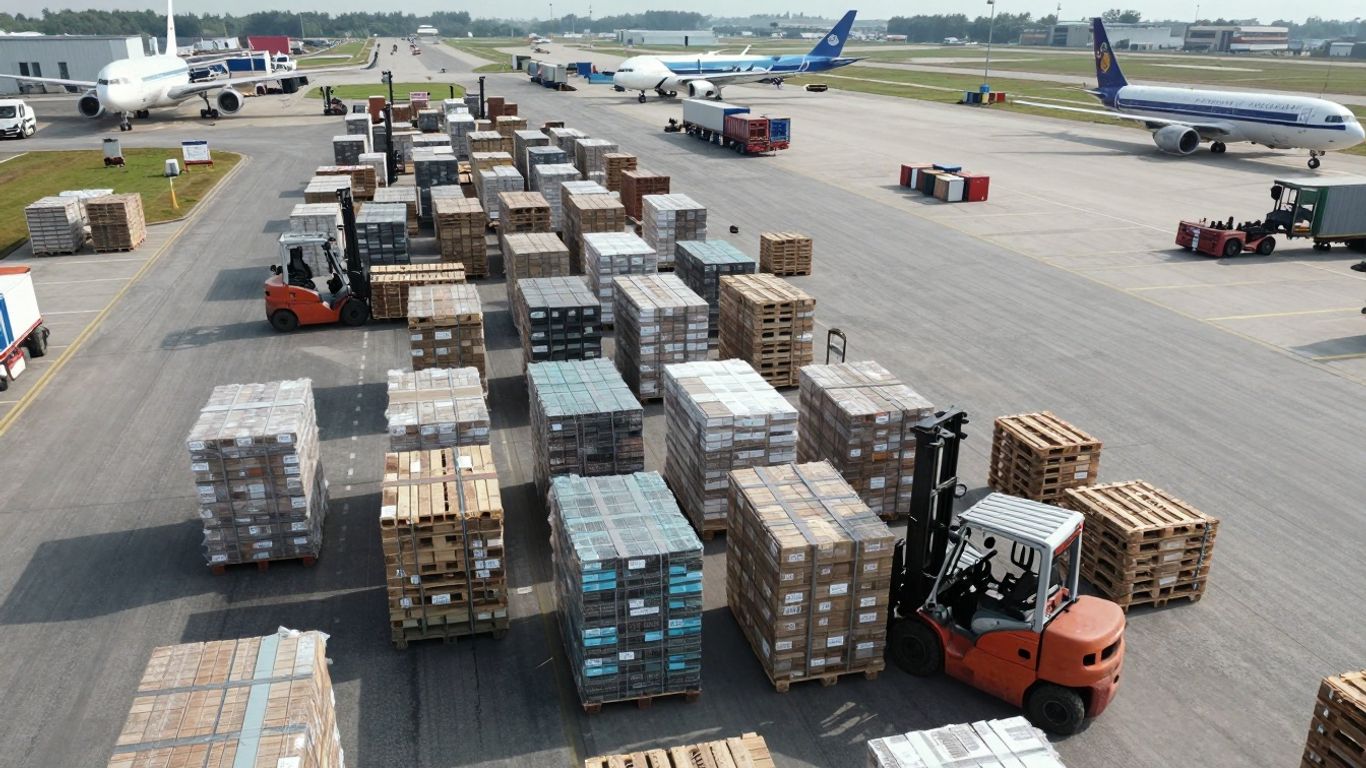Logistics hub with forklifts, cargo planes, and trucks.