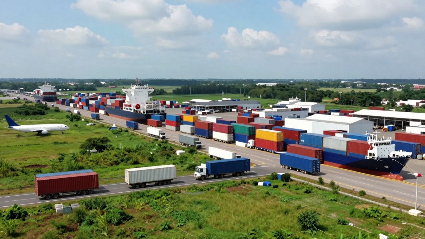 Global supply chain logistics with containers, warehouses, and transport.
