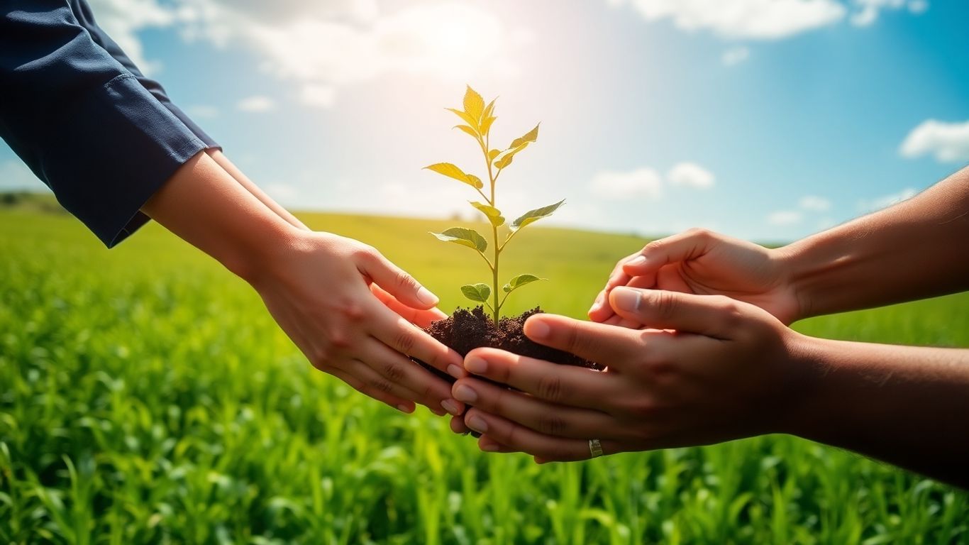 Sustainable future with diverse hands holding a sapling.