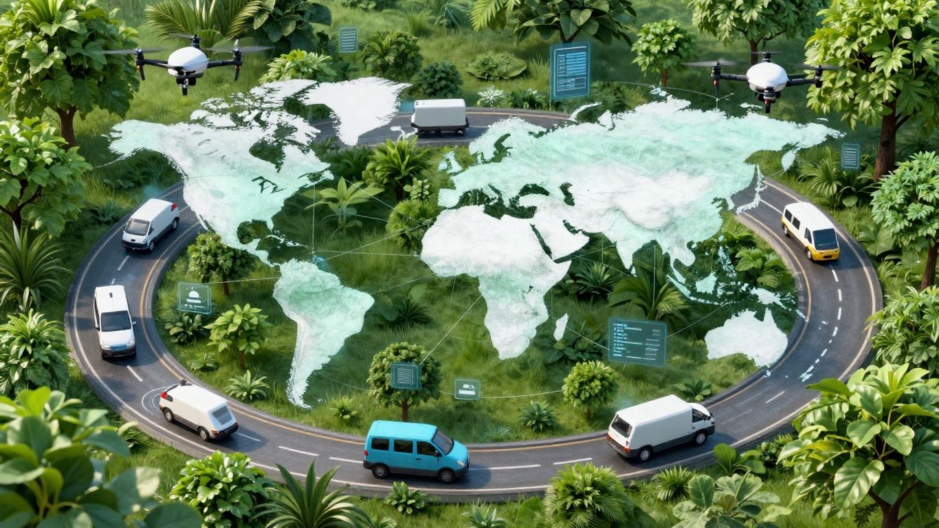 Sustainable supply chain with technology and nature integration.