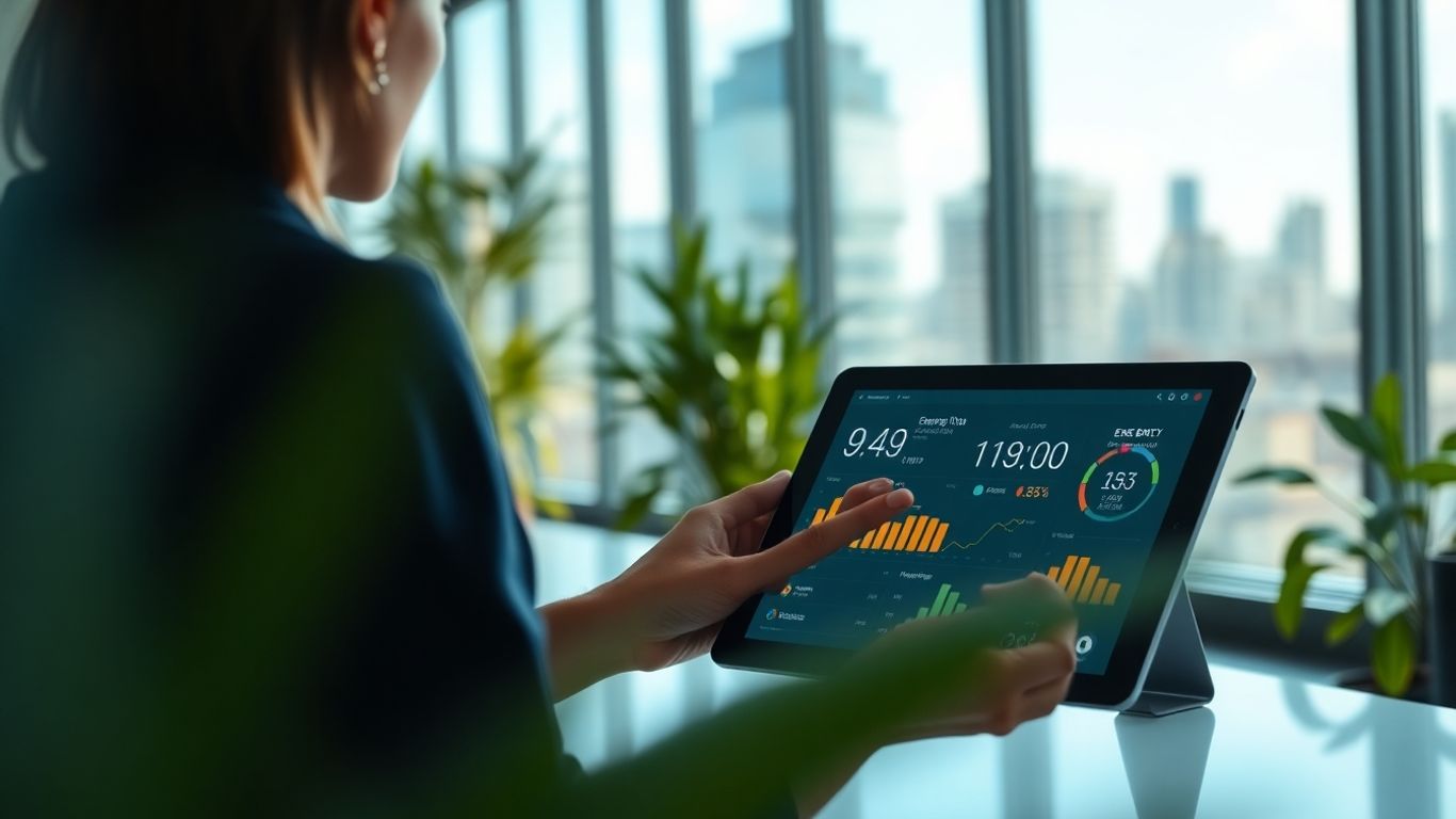 Person using tablet in bright, sustainable office.