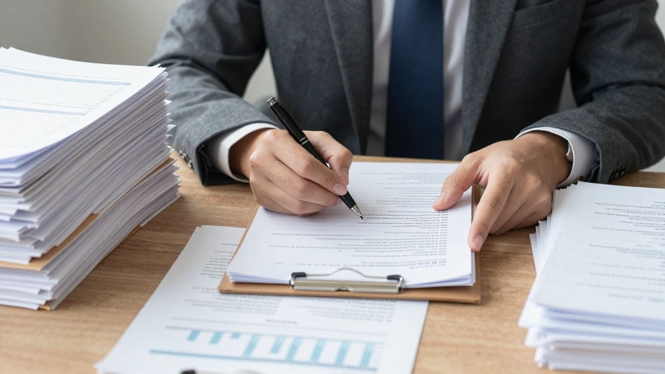Accountant analyzing financial documents with focus and expertise.