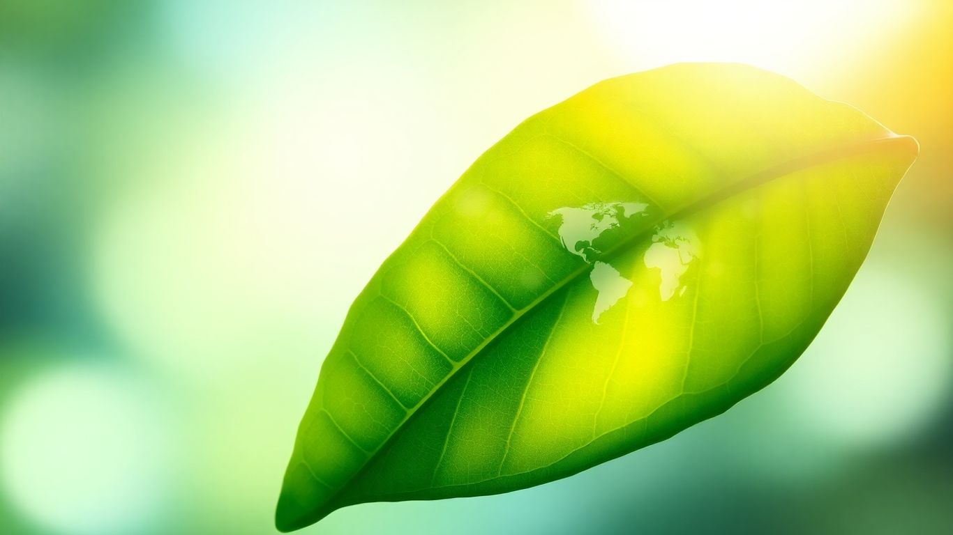 Green leaf with carbon particles and globe pattern.