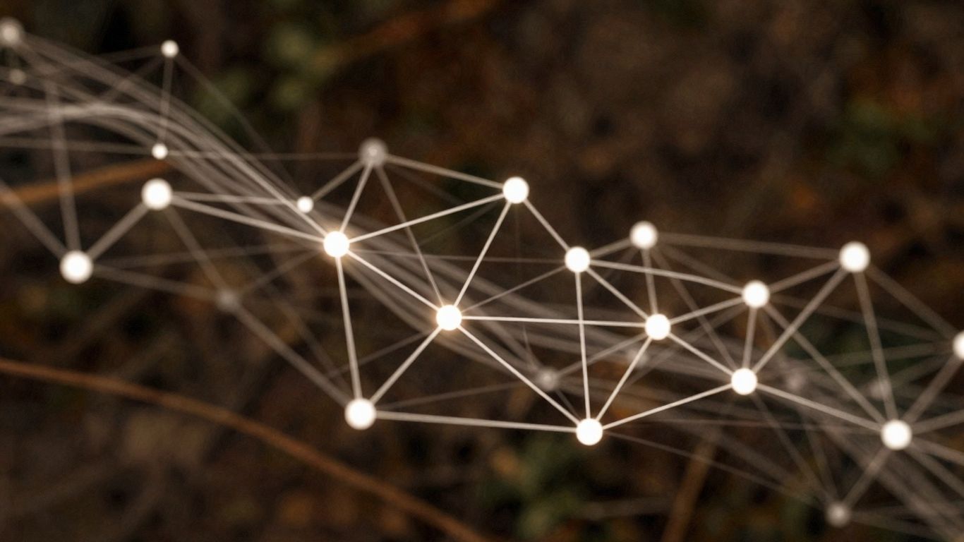 Digital interface with interconnected nodes and flowing lines.