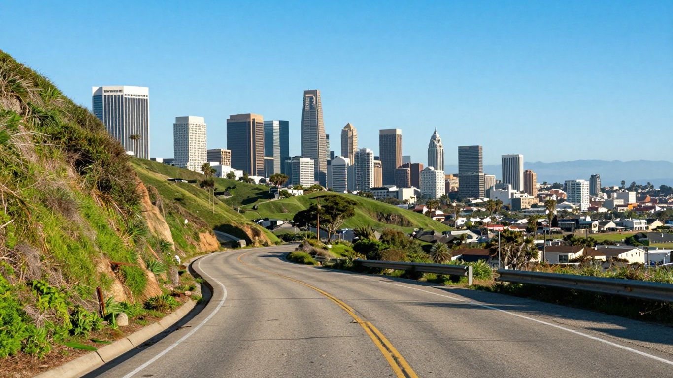 California coastline and city skyline under a clear sky.