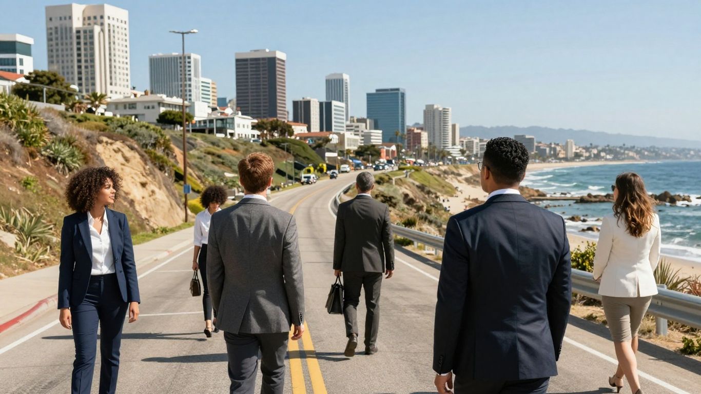 California coastline and business professionals looking towards the future.