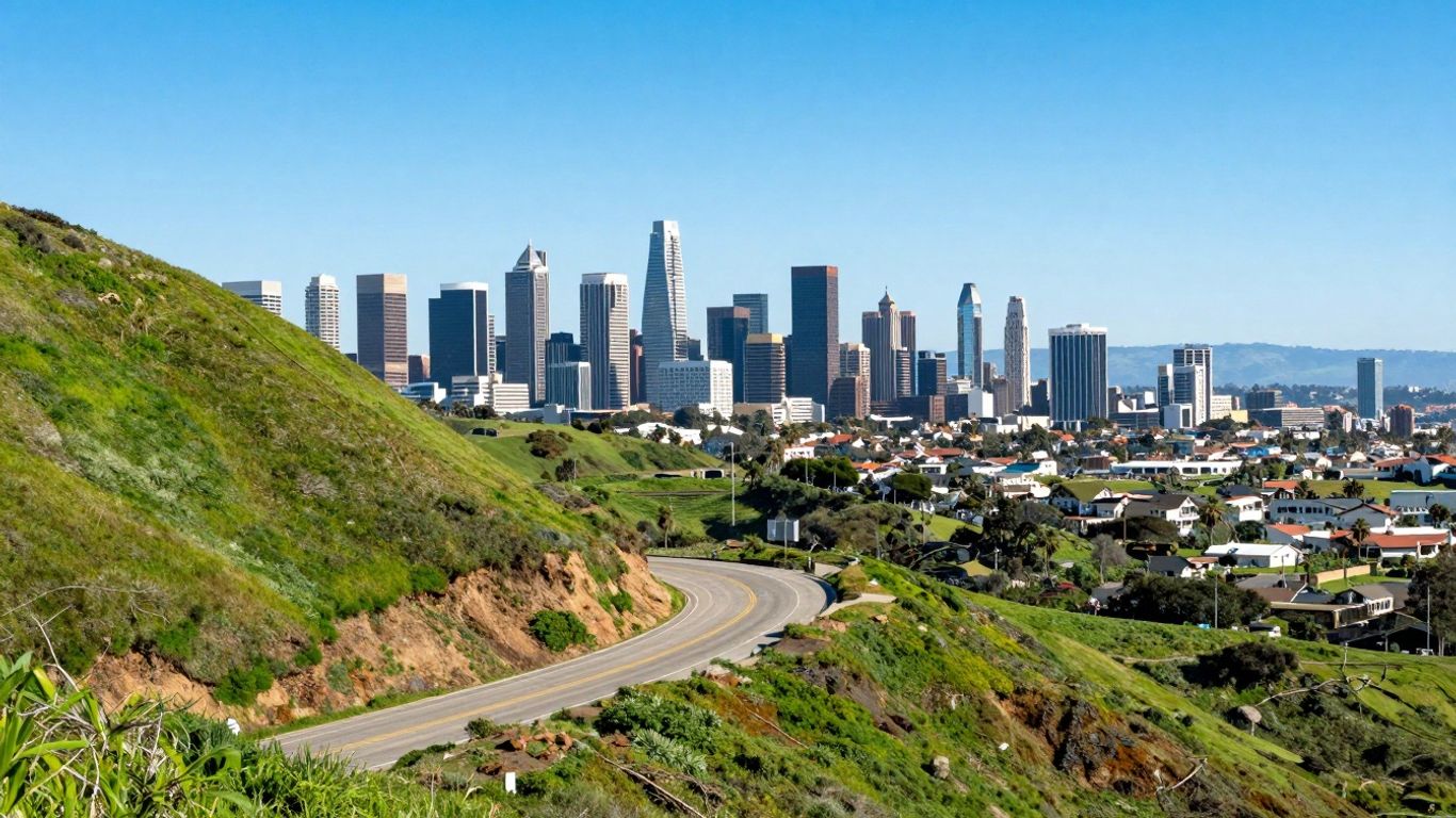 California coast, city skyline, and green hills.