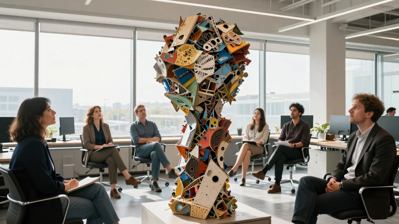 Professionals observing a sustainable sculpture in an office.