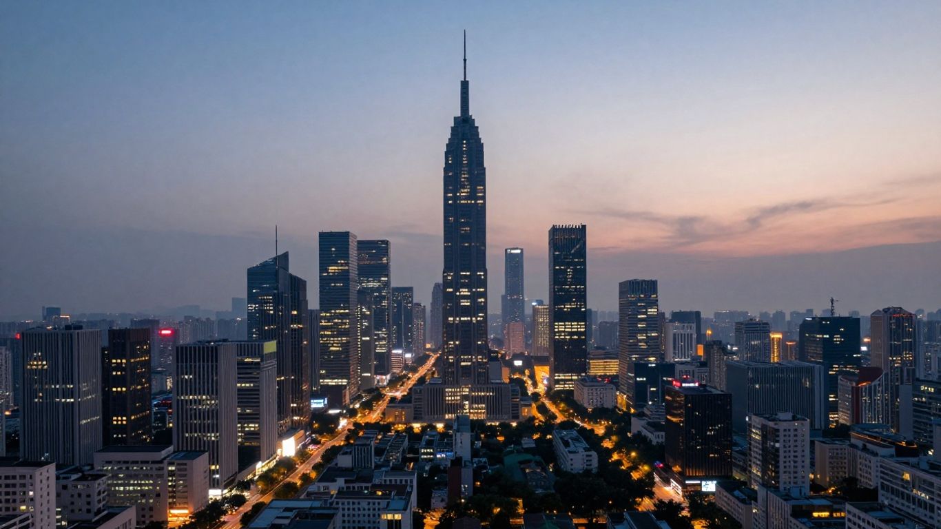 Modern cityscape at dusk with illuminated skyscrapers.