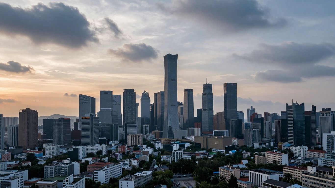 City skyline with climate patterns and dawn light.