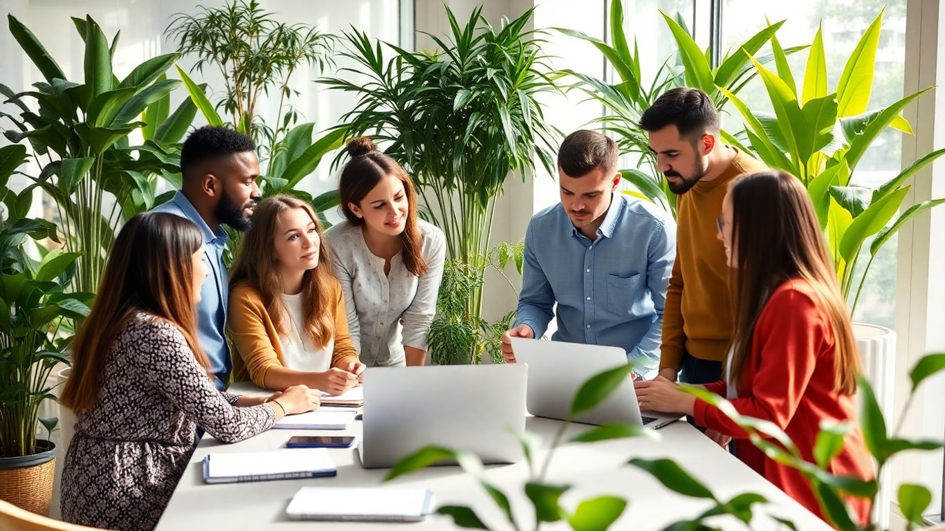 Professionals collaborating in a modern, green office.