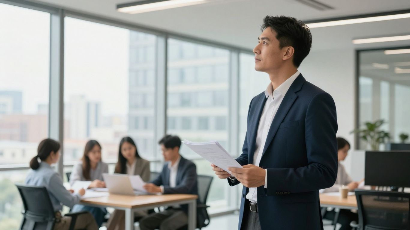 ERM consultant reviewing documents in modern office