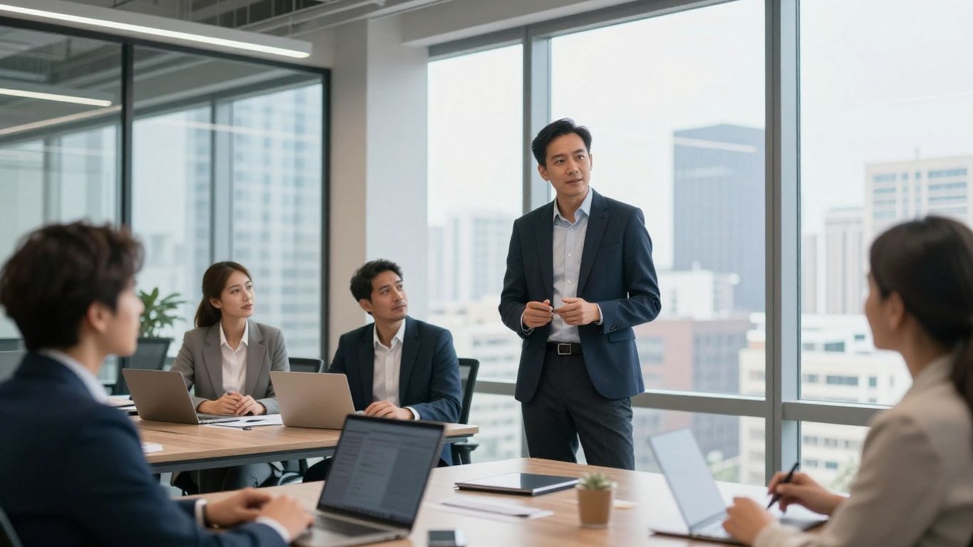 Business consultant in modern office with colleagues collaborating