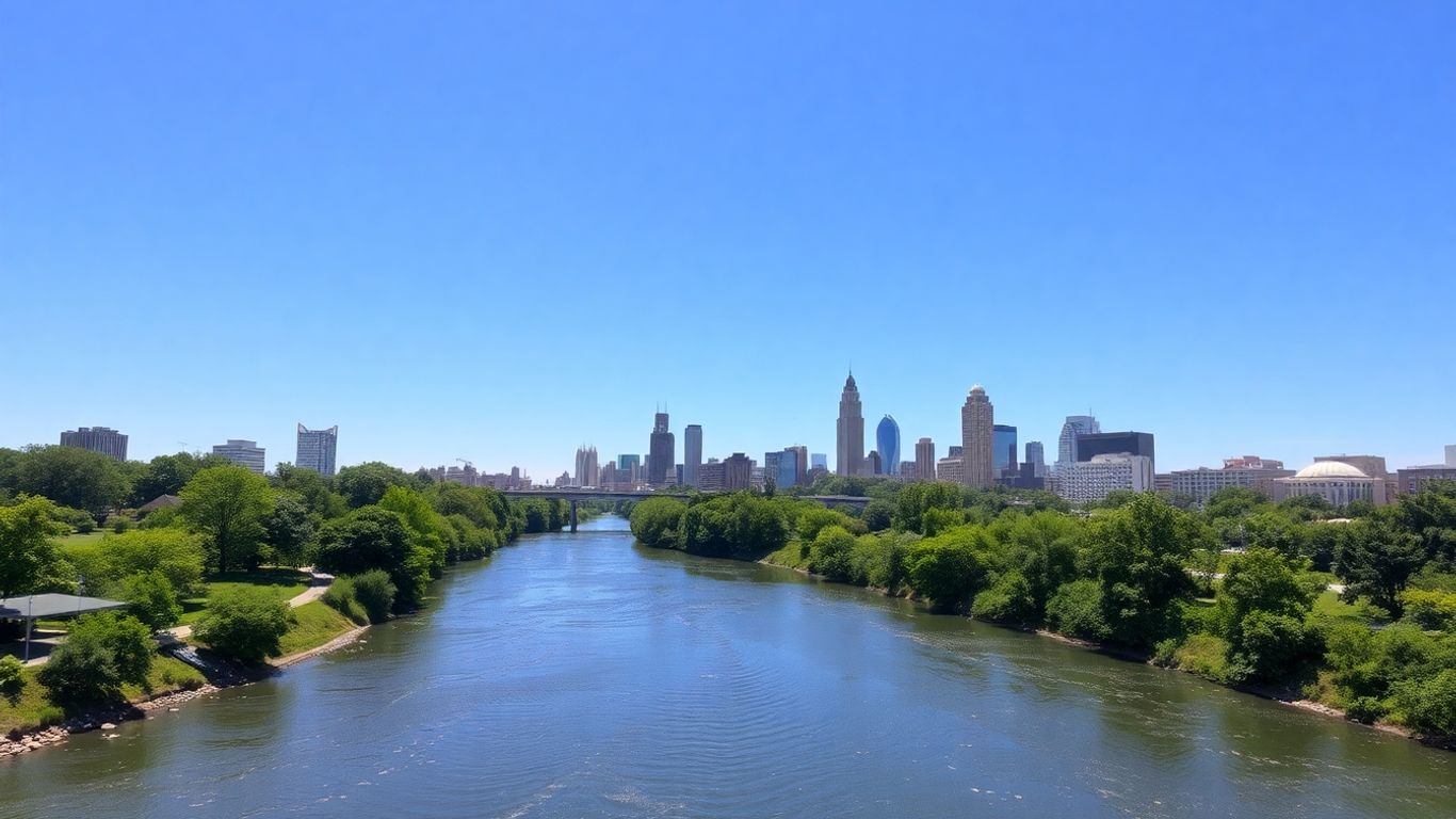 Atlanta cityscape with river and green trees.