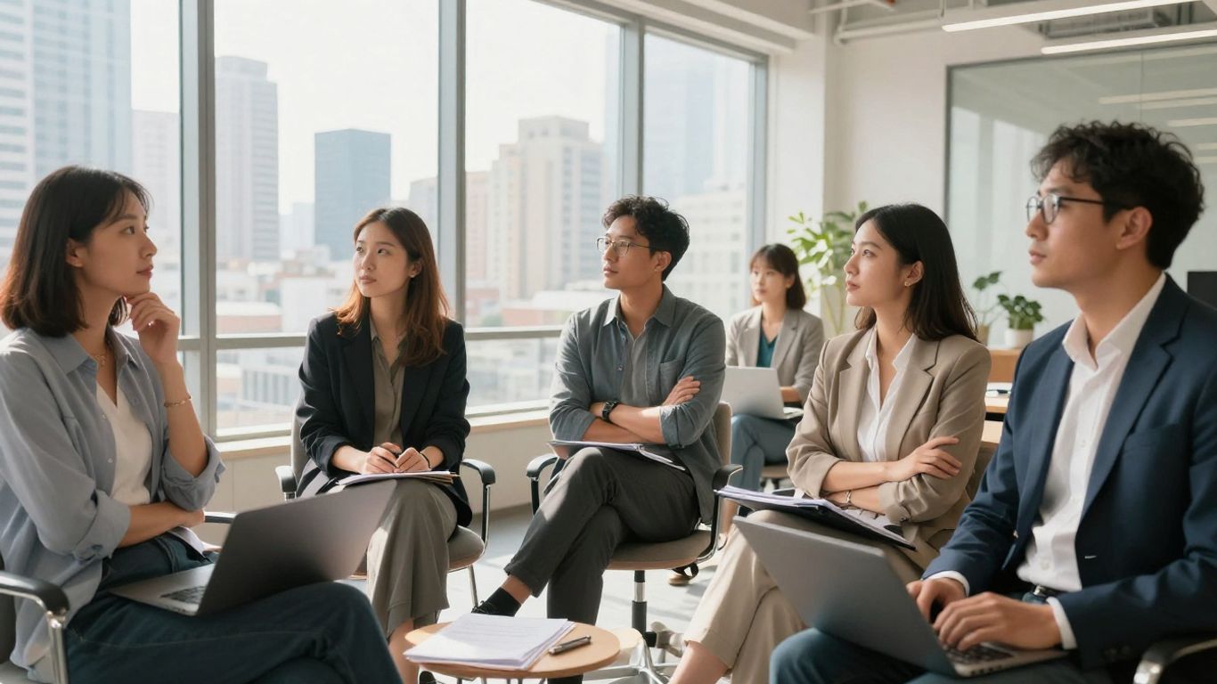 Professionals collaborating in a bright office overlooking a cityscape.