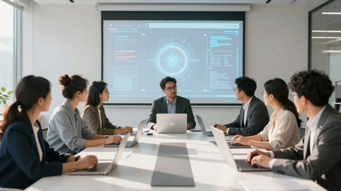 Professionals collaborating in a modern office, looking towards a bright future.