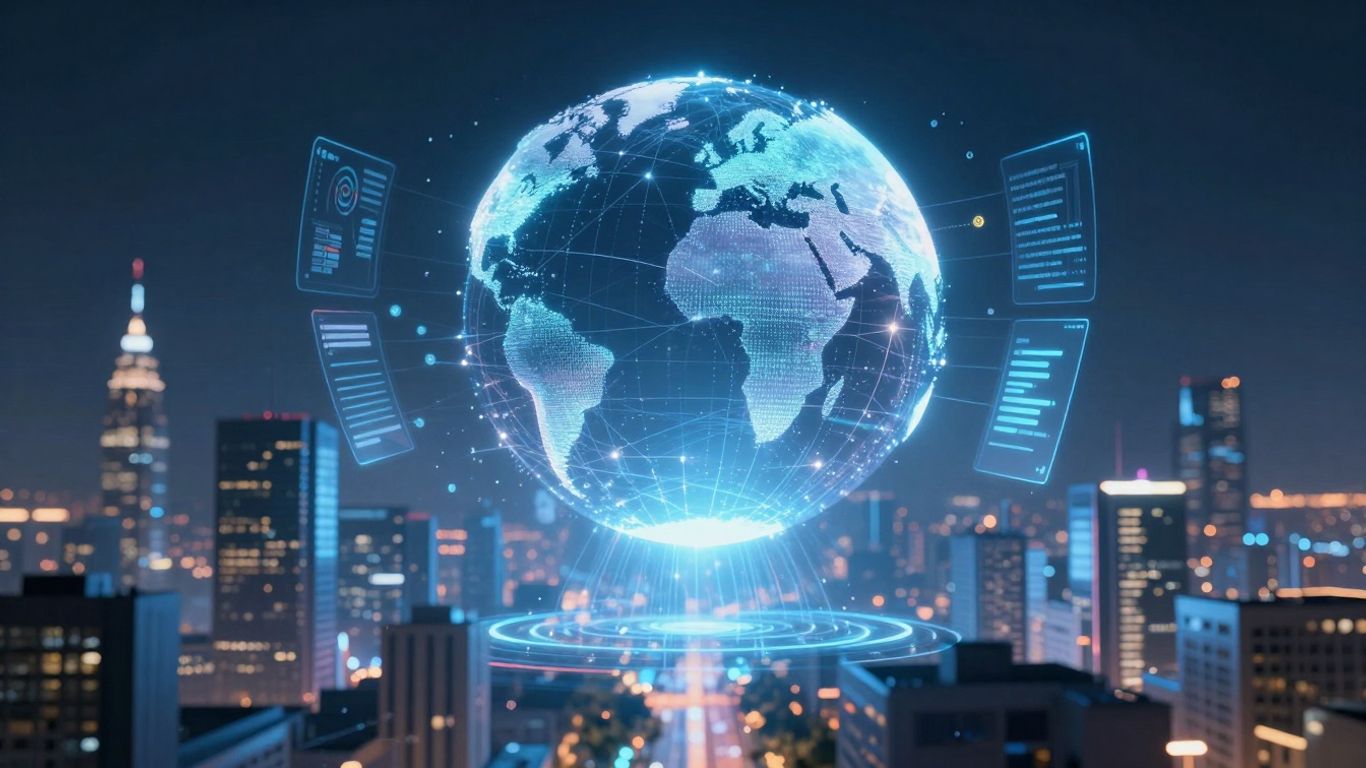 Futuristic cityscape with data streams and globe.