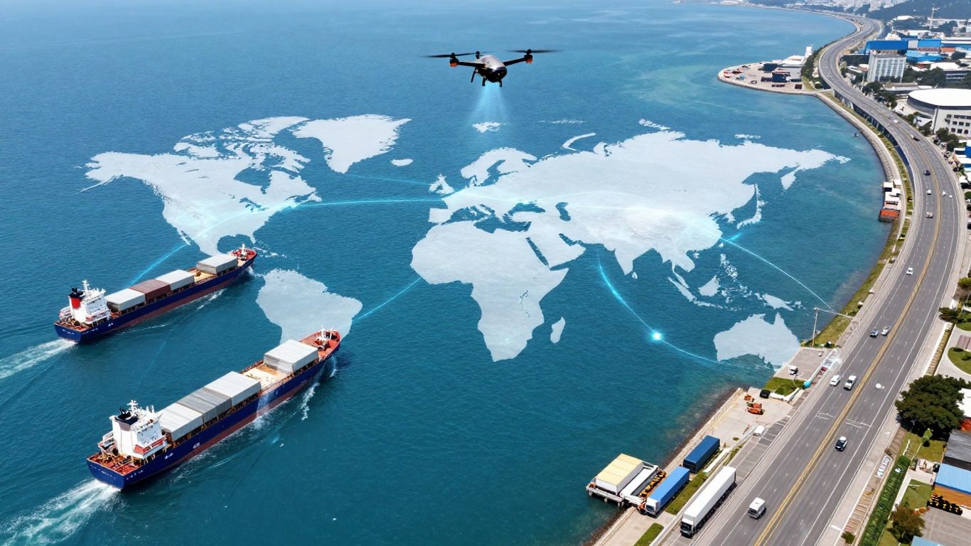 Global supply chain network with ships, trucks, and drones.