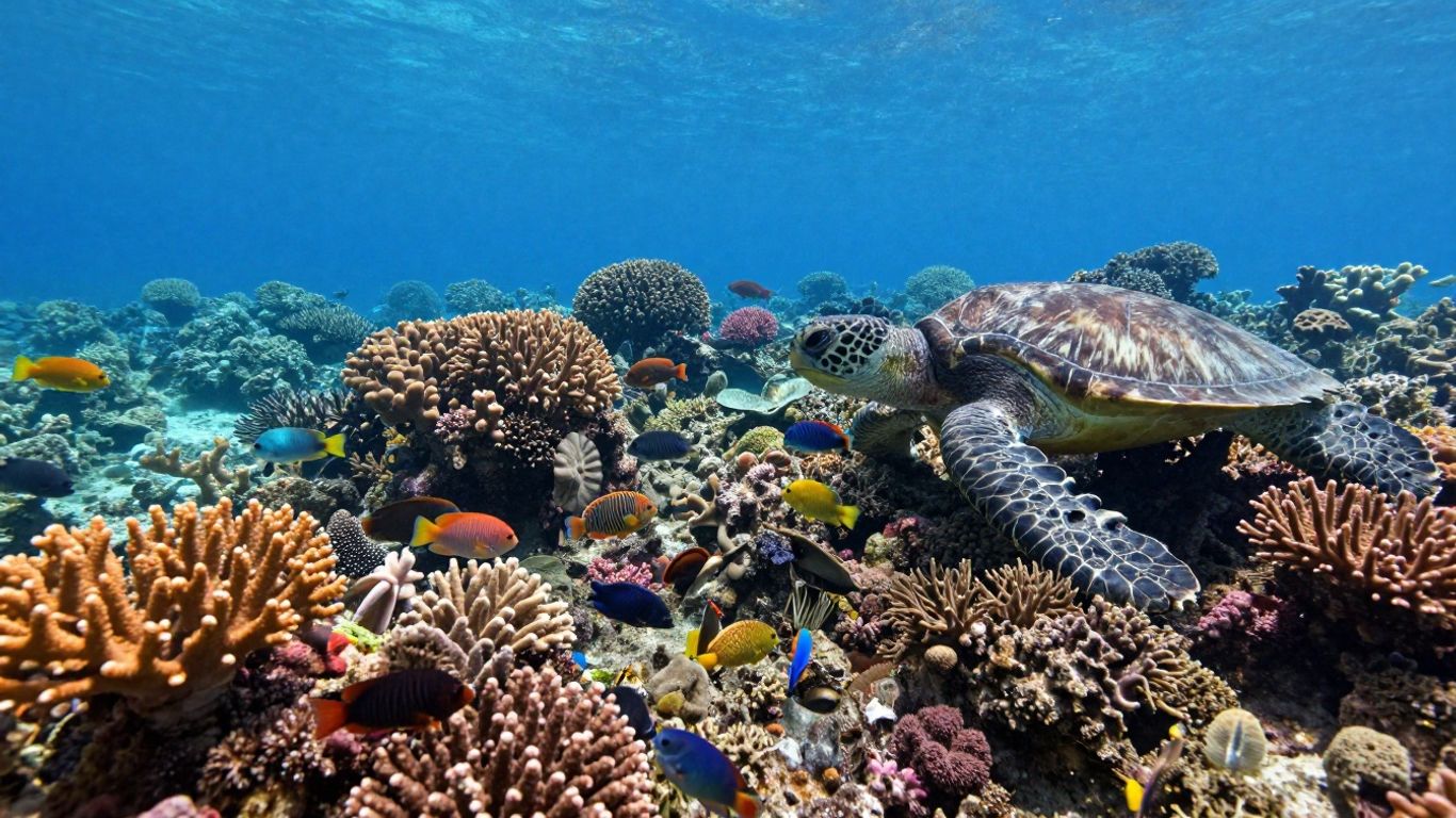 Vibrant coral reef with diverse marine life.