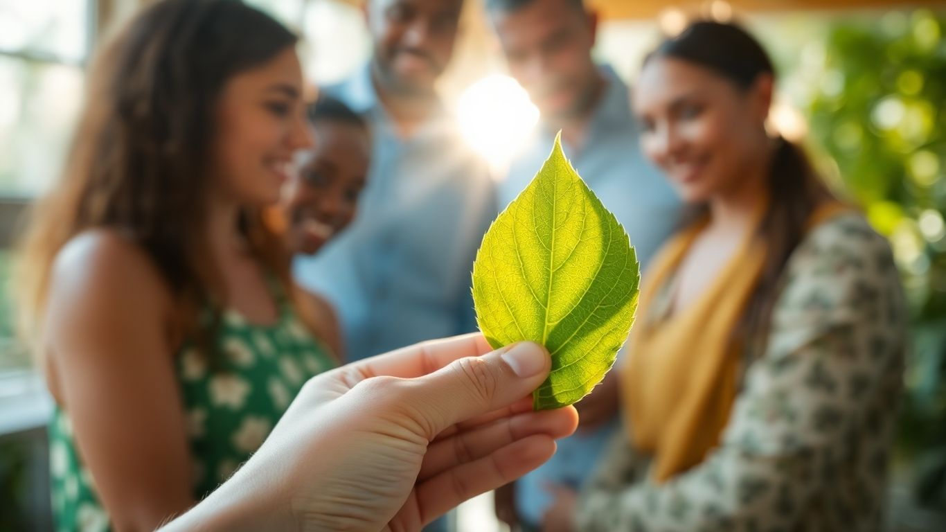 Hand holding green leaf, diverse people collaborating, sustainability concept.