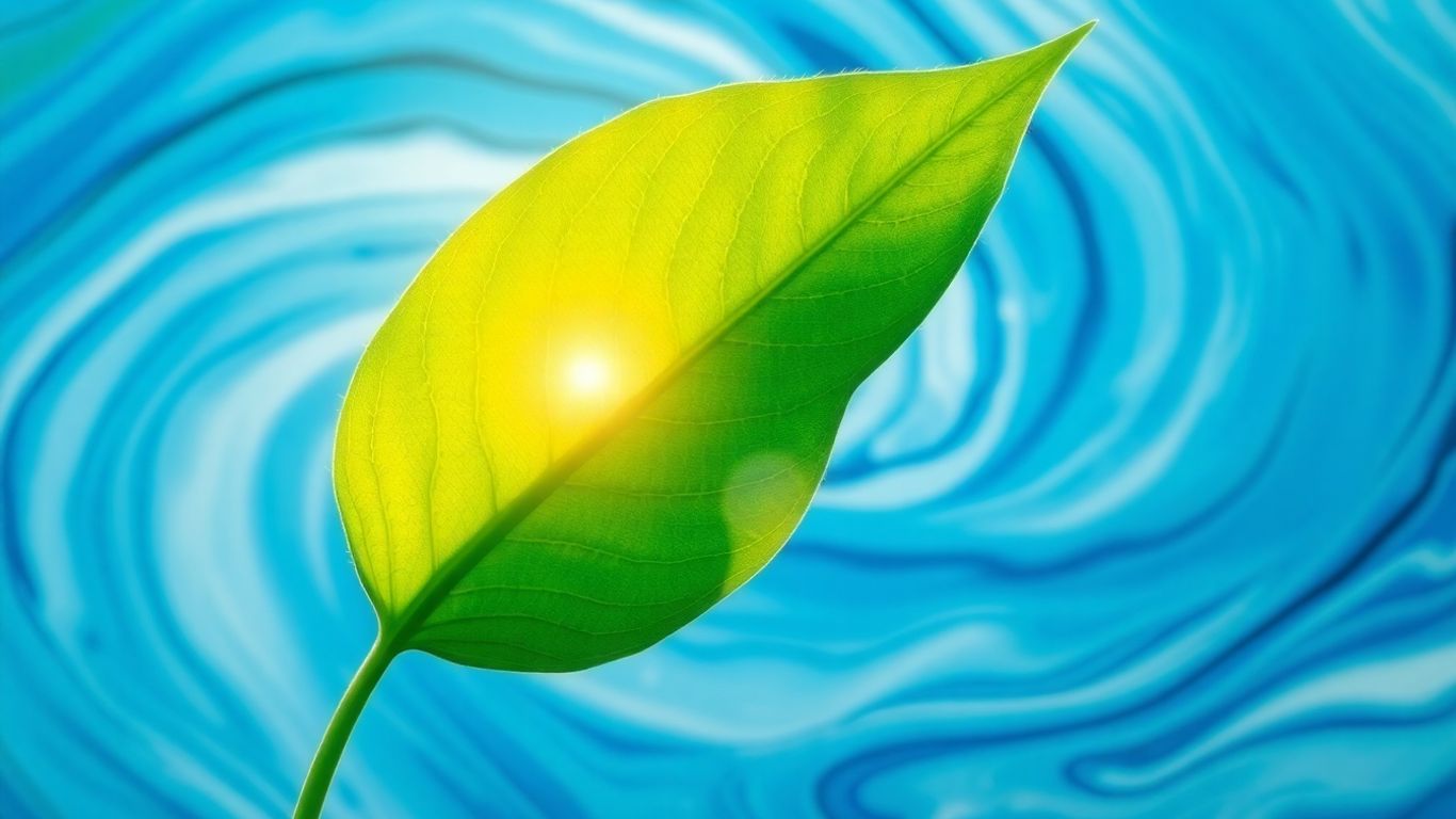 Green leaf with abstract blue and white background.
