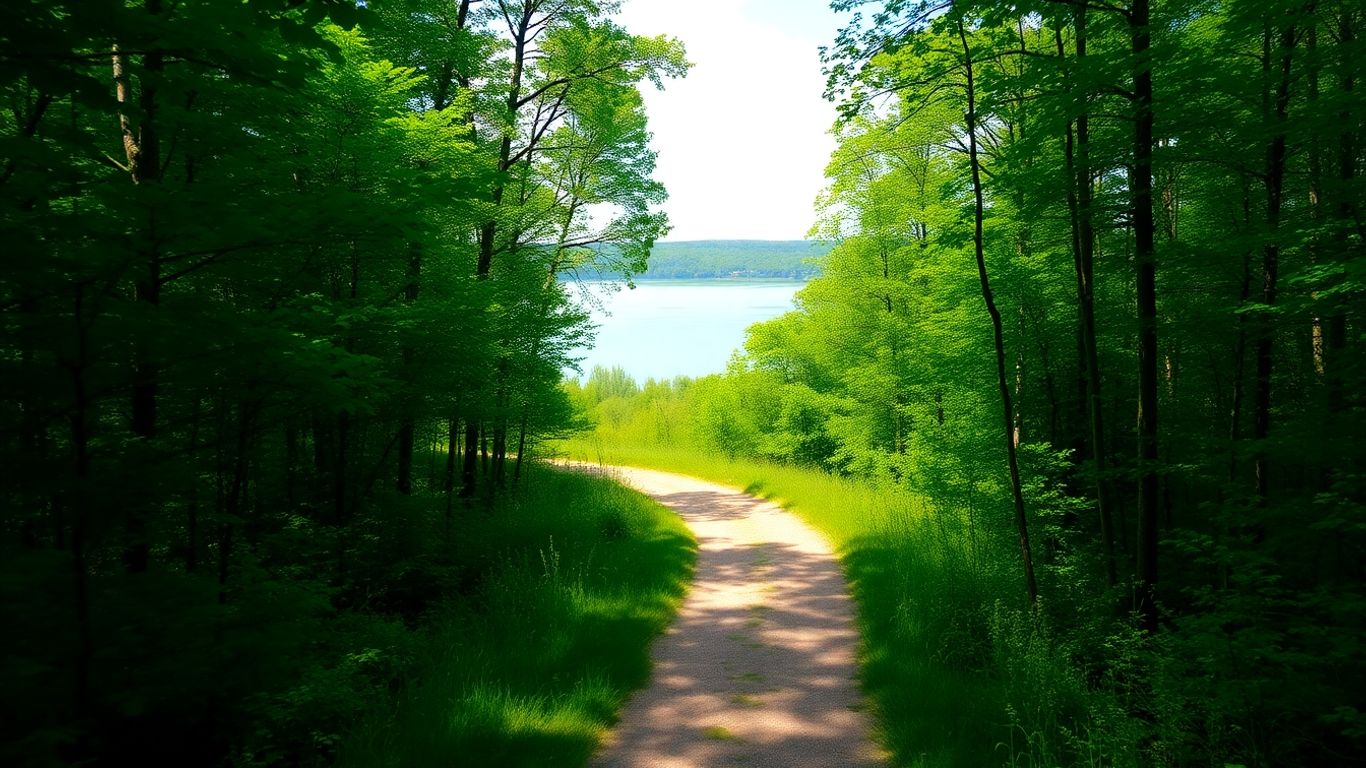 Green path leading to a reflective lake.