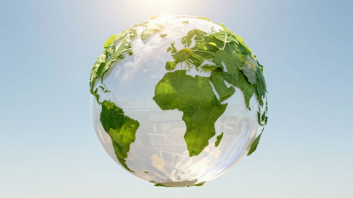 Globe with green leaves and ISO logo.