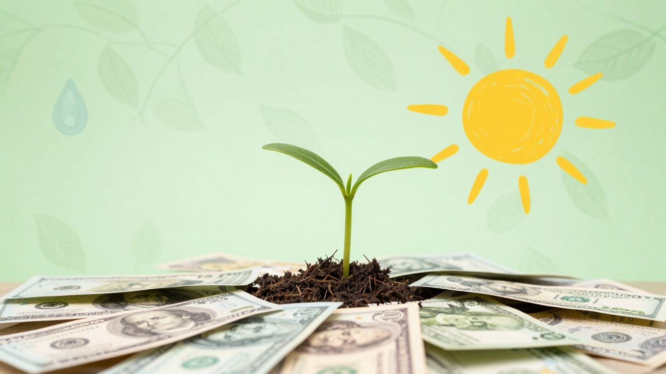 Green seedling growing from money, sun, leaves, water.