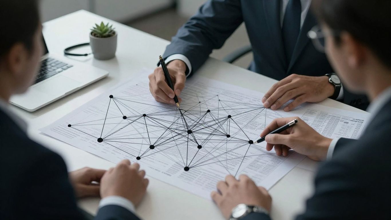 Abstract network of financial data flows in an office.