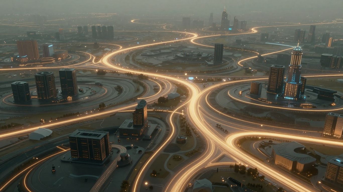 Abstract digital landscape with glowing pathways.