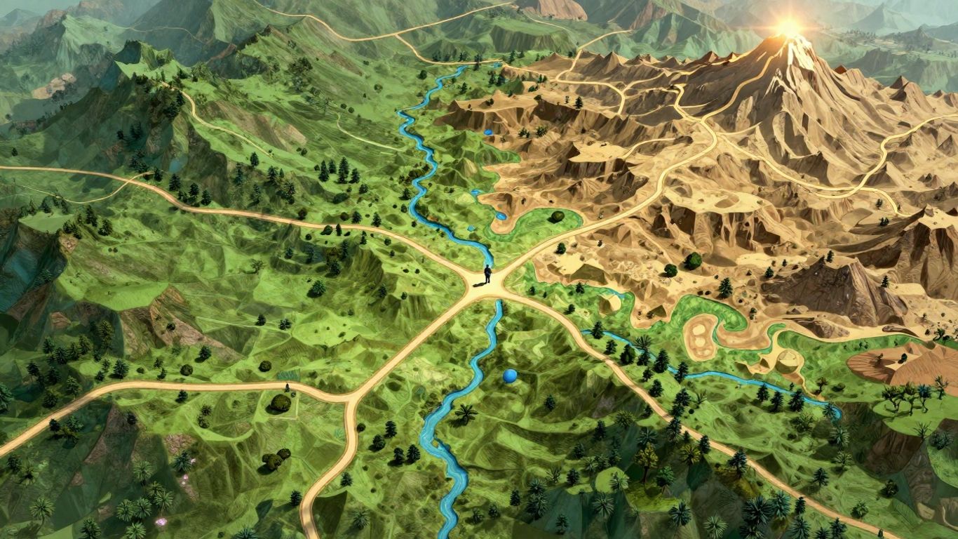 Map with pathways, diverse terrain, and a figure at a crossroads.