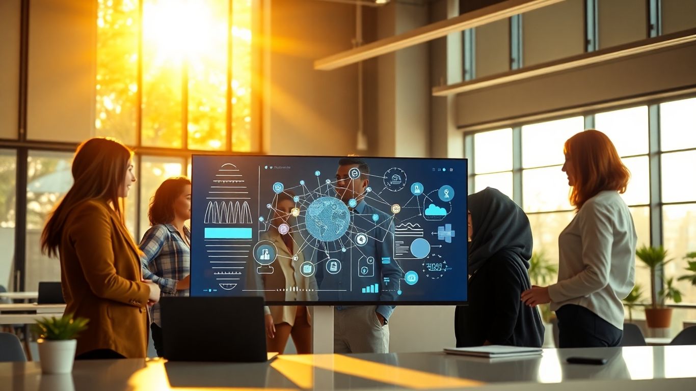 Professionals interacting with abstract data visualization.
