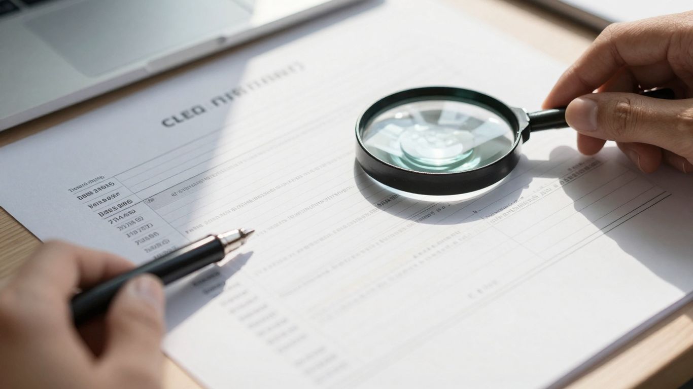 Financial documents and magnifying glass, close-up view.