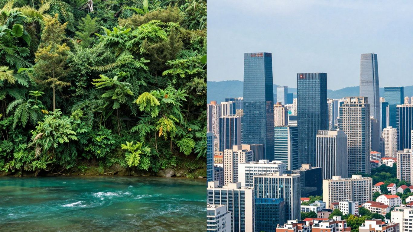 Green forest merging with a modern city skyline.